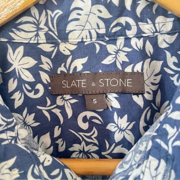 Slate & Stone Blue White Floral Pattern Short Sleeve Cotton Button Down Shirt - Picture 3 of 6